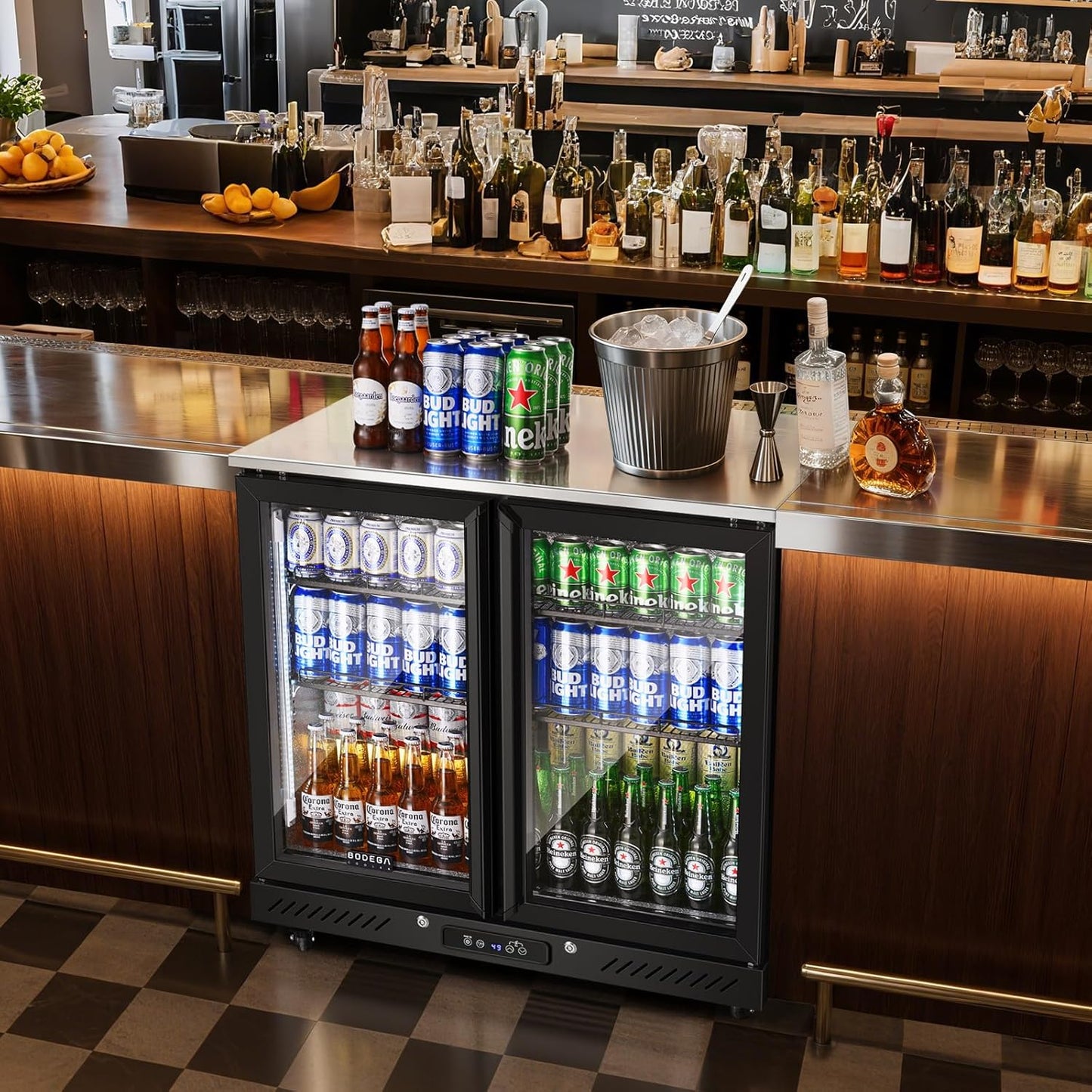 BODEGACOOLER Back Bar Cooler with 2 Glass Doors,7.7Cu.ft Commercial Bar Beverage Refrigerator Under Counter LED Lighting for Soda Drinks,Beer,Wine with Stainless Steel Top,DOE Approved,4 Casters
