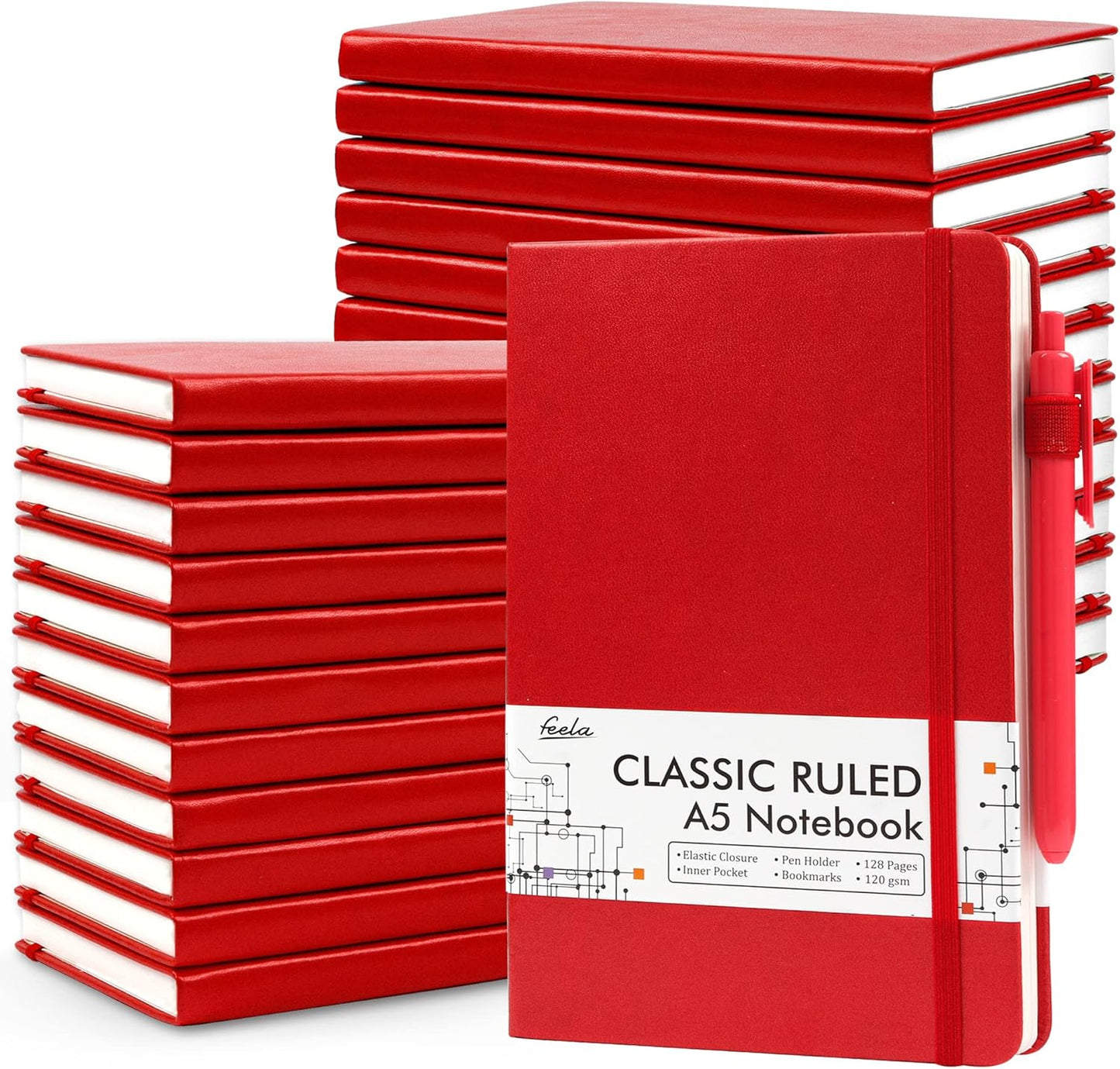 feela 24 Pack Journal Notebook for Work, Business Notebook Bulk Hardcover Lined Writing Journal with Pen Holder for Men Women Note Taking, with 24 Black Pens, 120 GSM, 5.1”x8.3”, A5, Red