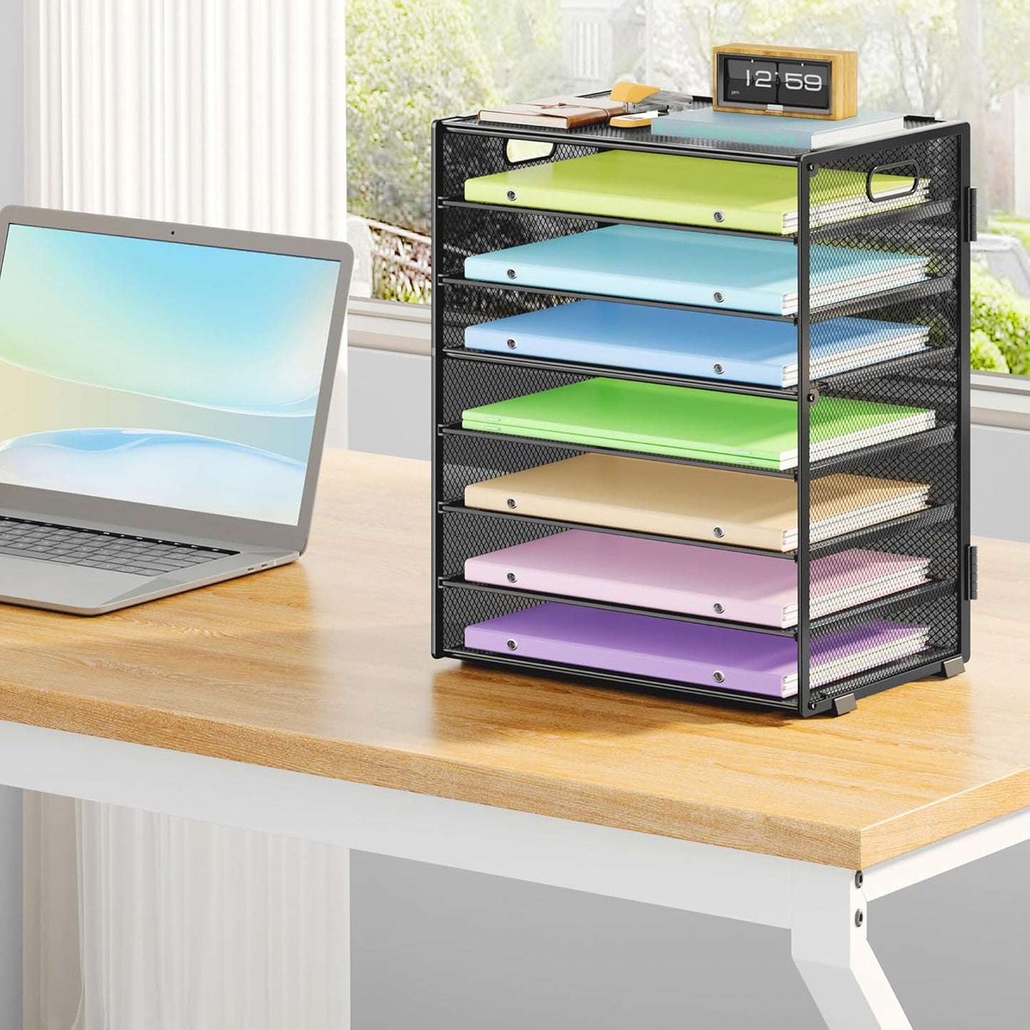 8 Tier Paper Organizer with Handle, Metal Mesh Desk File Organizer, Large Capacity Desk Organizers Paper Letter Tray Desktop Document Sorter for Office, Home or School - Black