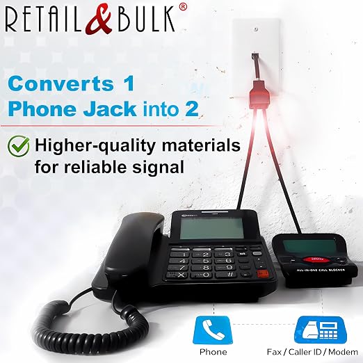 Phone Jack Splitter for Landline Telephone RJ11 6P4C 2-Way in-Line or in-Wall - Image 2