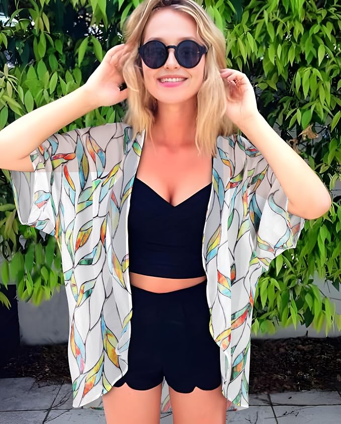 Women's Floral Print Puff Sleeve Kimono Cardigan Loose Cover Up Casual Blouse - Image 3