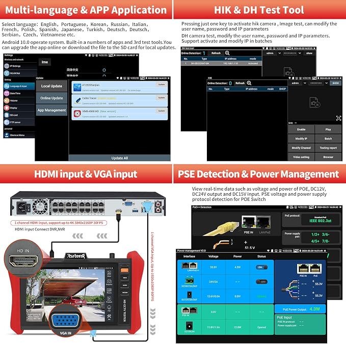 Rsrteng CCTV Tester 4K 12MP IP Camera Tester POE++ Max 90W POE Camera Test 8" - Image 7