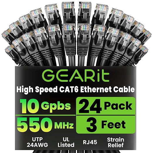 GEARit Cat 6 Ethernet Patch Cables 3 ft Black, CAT6 High Speed 24AWG 10Gbps by GEARit