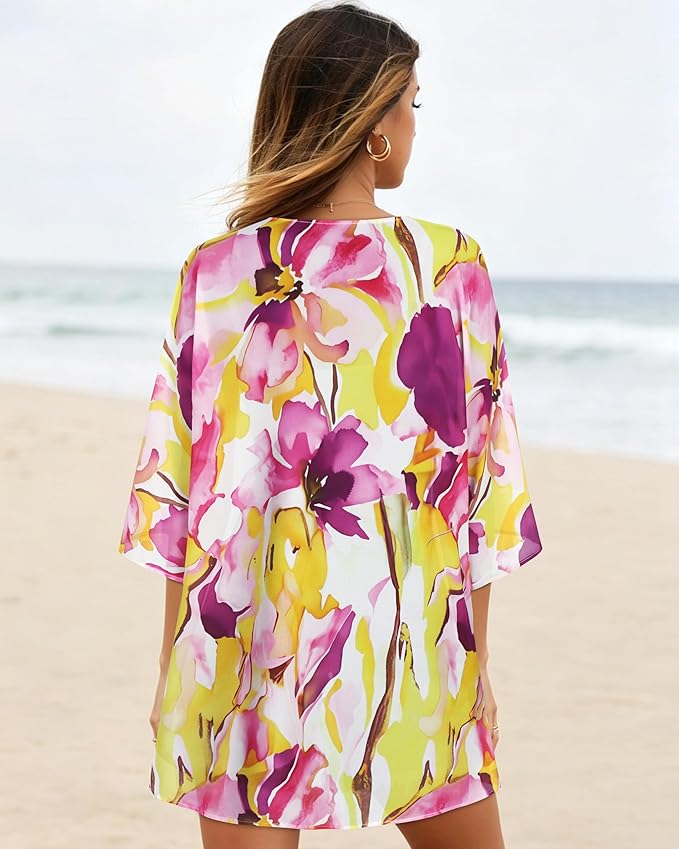 Women's Floral Print Puff Sleeve Kimono Cardigan Loose Cover Up Casual Blouse - Image 6