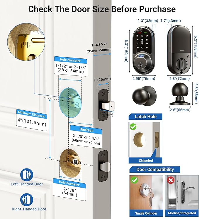 Veise RZ07C Smart Locks for Front Door, 2 Knob Handle Set, Fingerprint Keyless - Image 6