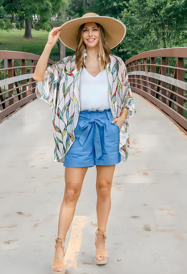Women's Floral Print Puff Sleeve Kimono Cardigan Loose Cover Up Casual Blouse - Image 2