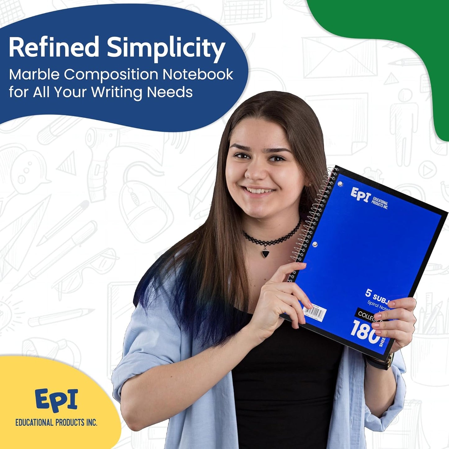 EPI Spiral Notebook | 5 Subject - College Ruled - 180 Sheets, Durable Spiral Binding | 10.5 x 8 in | Classroom Supplies | School, Office, Note Taking, Journaling - 3 Pack
