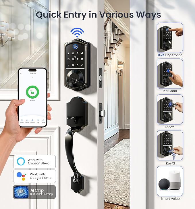 Veise VE017G-H Wi-Fi Smart Fingerprint Front Door Lock Set, Remote App Control - Image 2