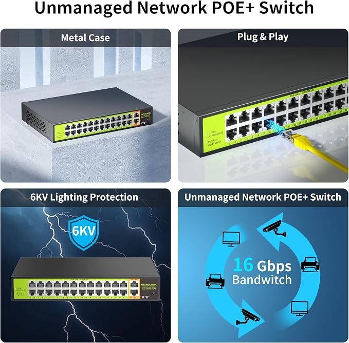 24 Port PoE+ Switch 2 Gigabit Uplink 400W Rack Mount Unmanaged IEEE 802.3af/at - Image 6
