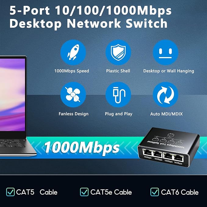 5 Port Gigabit Ethernet Switch Type-C 5V Powered 1 in 4 Out Network Hub Plug - Image 5