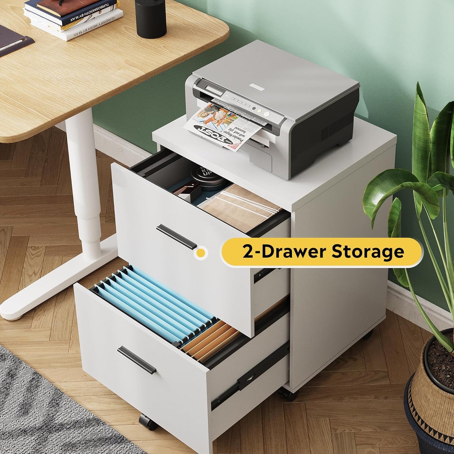 DEVAISE Wood File Cabinet, 2 Drawer Filing Cabinet for Home Office, Vertical File Cabinets with Wheels fits A4/Letter/Legal Size File, White