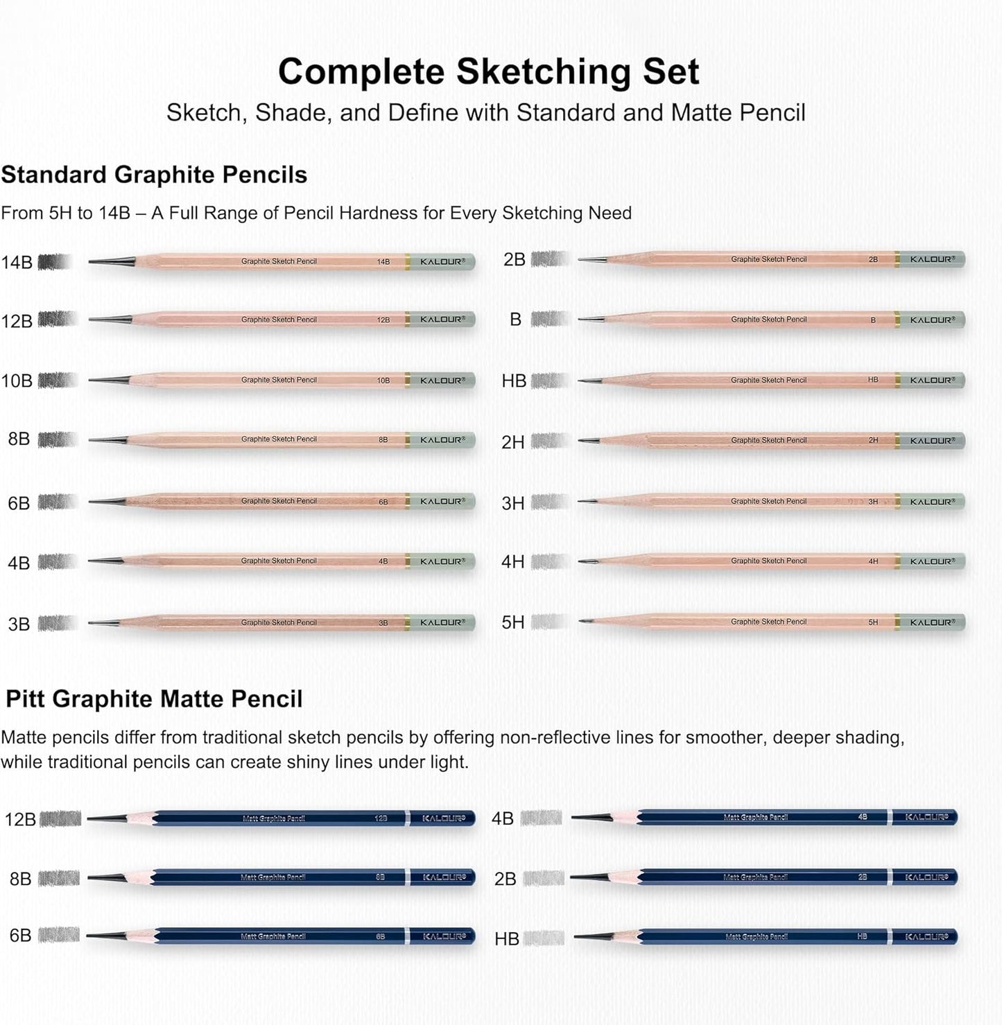 KALOUR 25-Piece Professional Sketch Pencil Set with Matte and Regular Pencils - Includes Vinyl Eraser, Kneaded Eraser, Sharpener, Pencil Extender and Blending Stump - Ideal for Artists and Beginners
