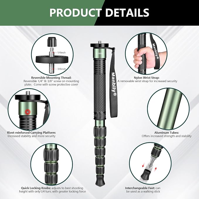 Manbily Camera Monopod Aluminum Portable Compact Lightweight Travel Monopod - Image 4