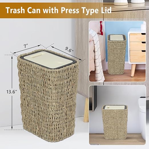 Trongee Boho Trash Can with Lid, 3 Gallon Small Rattan Trash Can with Press Top - Image 2