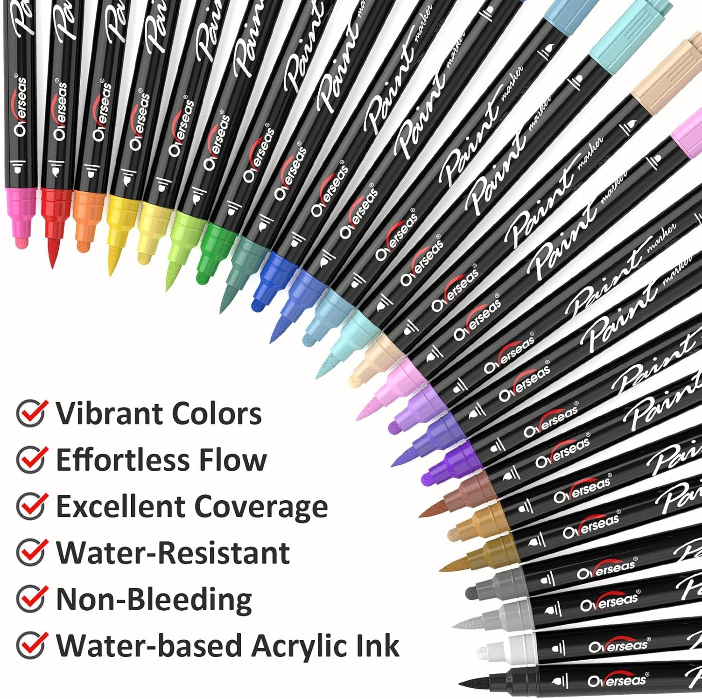 Overseas 48 Dual-Tip Acrylic Paint Markers Pens - Acrylic Paint Pens with Brush and Dot Tip, No Bleeding Coloring Marker for Wood, Rock, Glass, Metal, Ceramic, Plastic, Fabric, Teacher Supplies