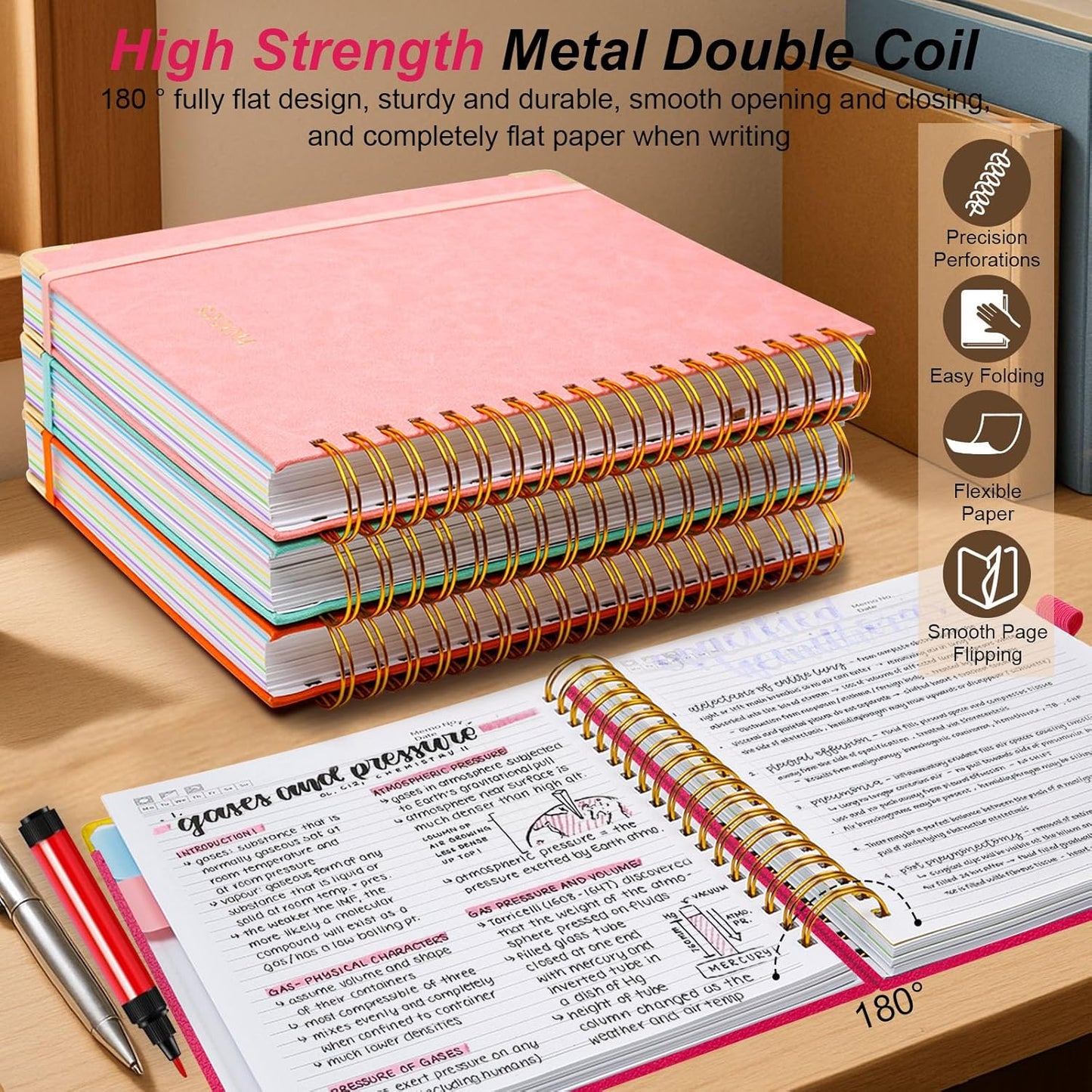 Hardcover Spiral Notebook 8"x10" Journal Notebook with Tabs and Removable Dividers 300 Pages 5 Subject Notebook College Ruled, Faux Leather Spiral Bound Notebook for Women, Students, School Work (Rose Red)