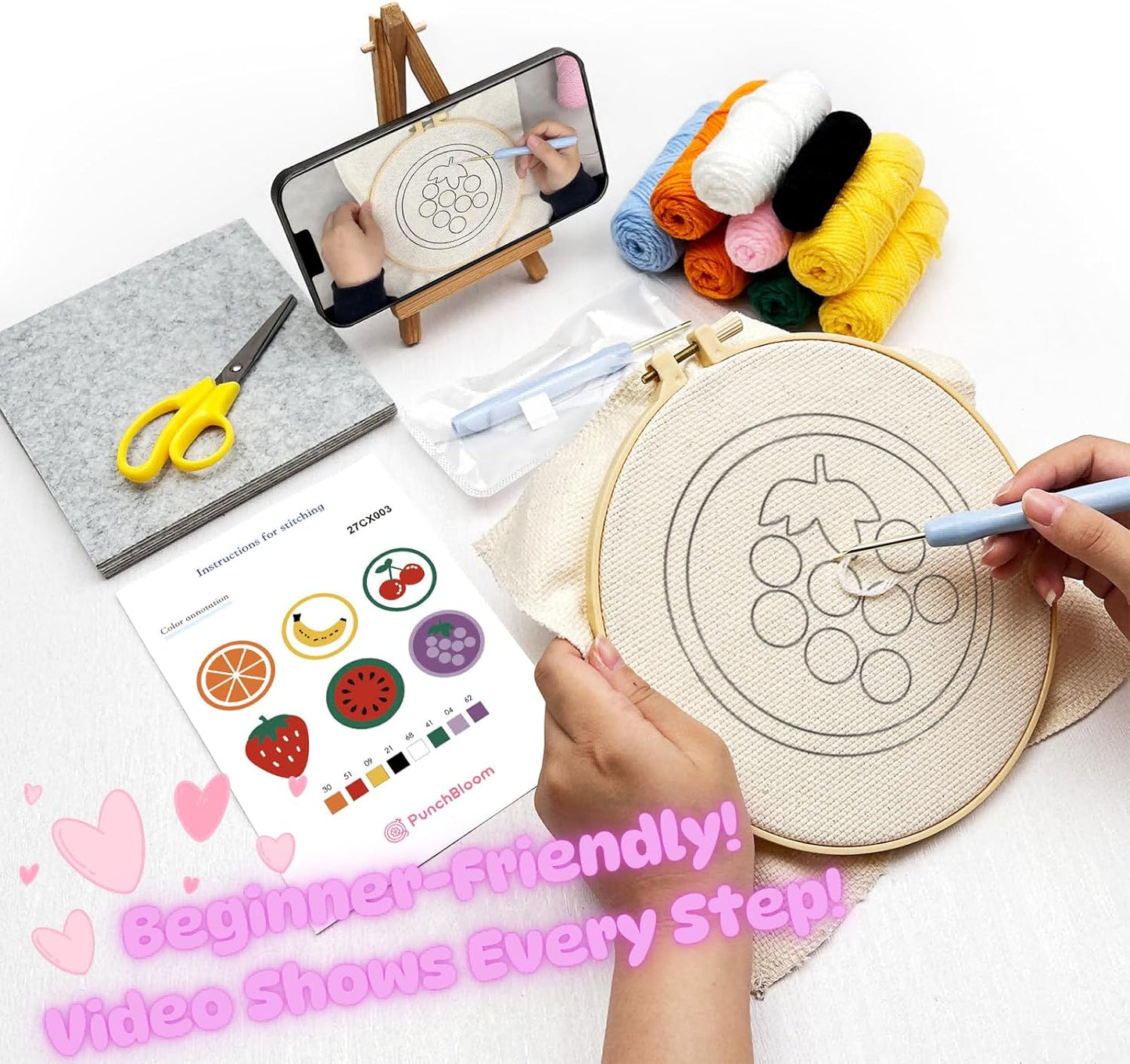 Punch Needle Kit for Adults Beginners, 6-Piece Cute Fruit Punch Coaster Starter Kit – Easy Embroidery Stitch Craft Set with Instructions – Fun Needle Point Tufting for Table Decor & Festival Gifts