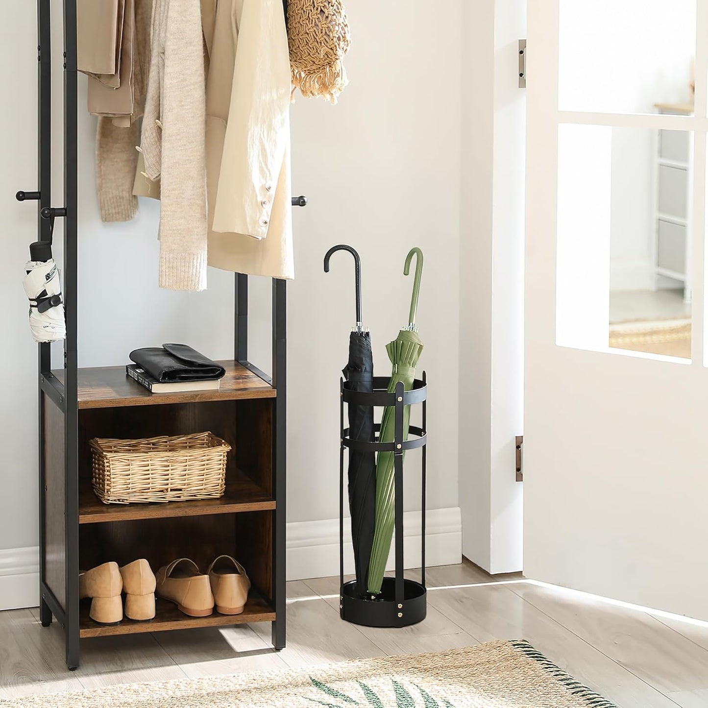 SONGMICS Umbrella Stand, Steel Round Umbrella Holder Rack, 6.9 x 6.9 x 19.3 Inches, with Detachable Drip Tray, for Entryway, Office, Stable, Assembly Required, Matte Black ULUC029B01