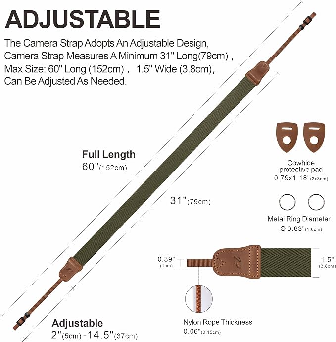 Olive Green Camera Strap, Double Layer top-grain Cowhide Ends, 1.5"Wide Pure - Image 6