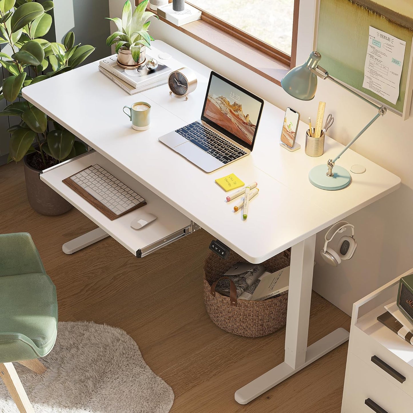 FEZIBO Standing Desk with Keyboard Tray, 60 x 24 Inch Adjustable Height Sit Stand Desk with Memory Presets for Home Office, Ergonomic Computer Workstation, White