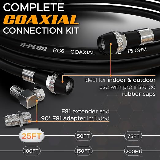 G-PLUG RG6 Coaxial Cable 25FT – Triple Shielded, Waterproof, 75 Ohm - Image 2