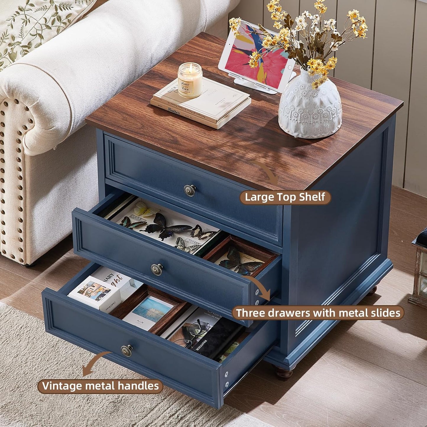 24" Wide Farmhouse Night Stand,Large End Table with 3 Drawers & Metal Handle,Blue Wood Dresser for Bedroom Cabinet, Bed Side Tabl·e Chest of Drawers,Nightstand for Living Room,Close