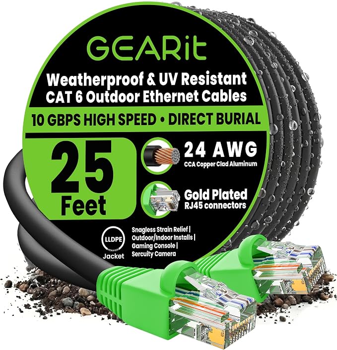 GEARit Cat6 Ethernet Cable 25ft, Outdoor Direct Burial Cat 6 Cable 24AWG High by GEARit
