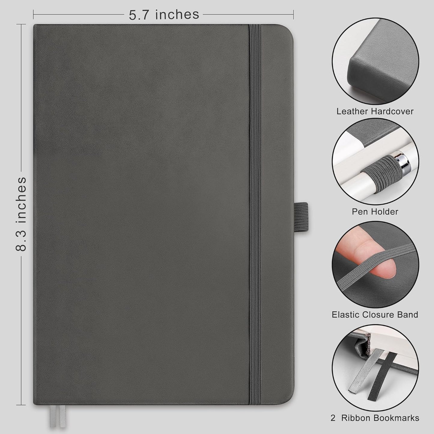 RETTACY Graph Grid Paper Notebook, 192 Pages, A5 Medium Size (5.7'' x 8.3''), 5 Squares per Inch, Leather Hardcover, 100 GSM Thick Paper, for School, Students, Math, Engineering (Gray)