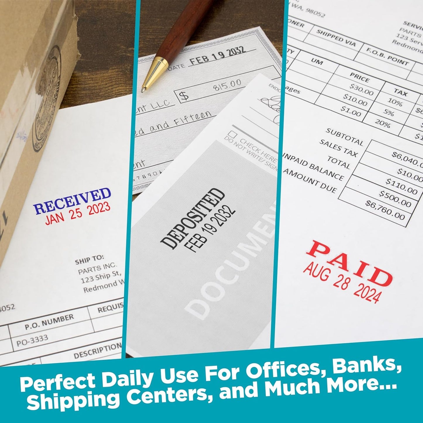 MaxMark Self-Inking Rubber Date Office Stamp with Revised Phrase & Date - RED Ink