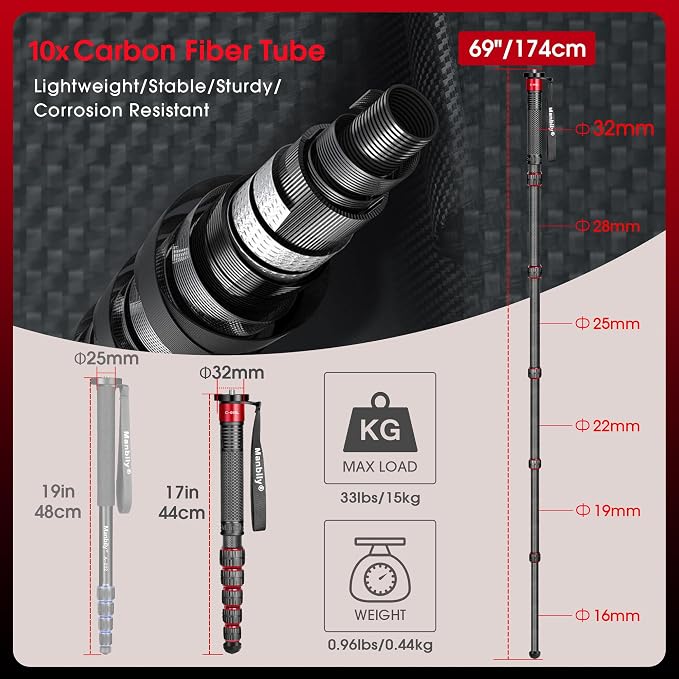 Manbily Camera Monopod, C-666L 32mm Tube Carbon Fiber Monopod - Image 3