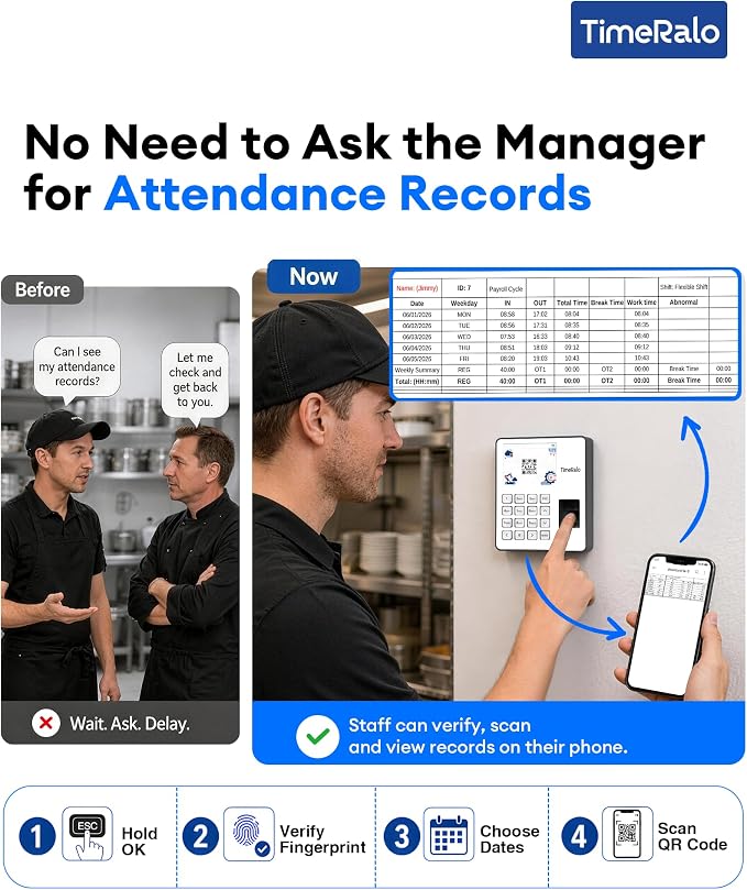 Cloud-Based Time Clock for Small Businesses, 3-in-1 Fingerprint Attendance - Image 2