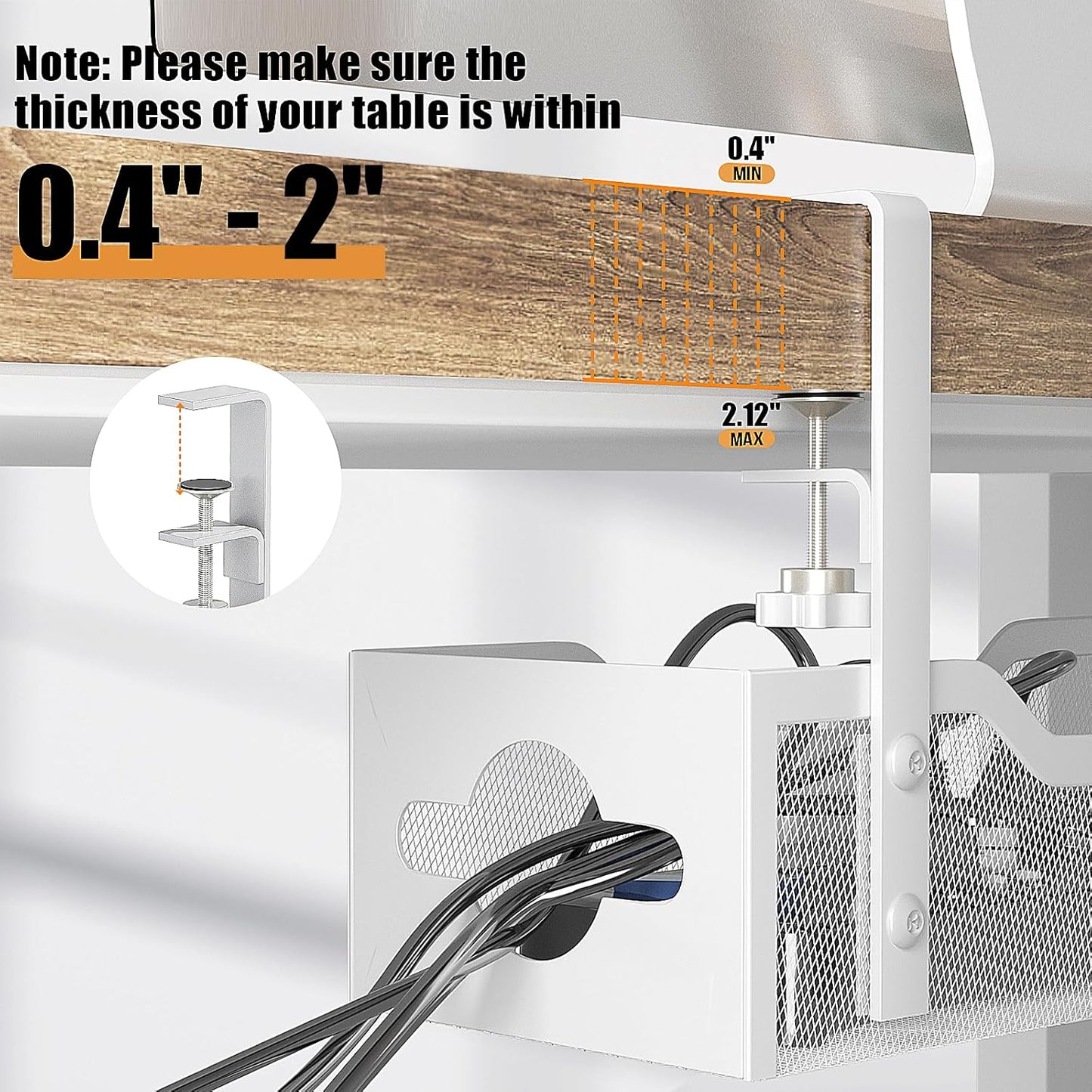 Under Desk Cable Management Tray 15.95", Quszmd Cable Organizer No Drill, Standing Cord Organizer and Wire Management Tray - No Damage to Desk, White