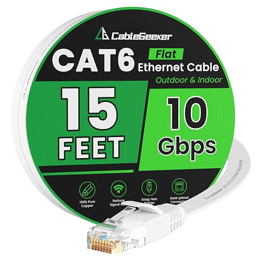 Cat 6 Ethernet Cable 15ft, Indoor&Outdoor, High Speed 10Gbps Flat Internet by CableGeeker