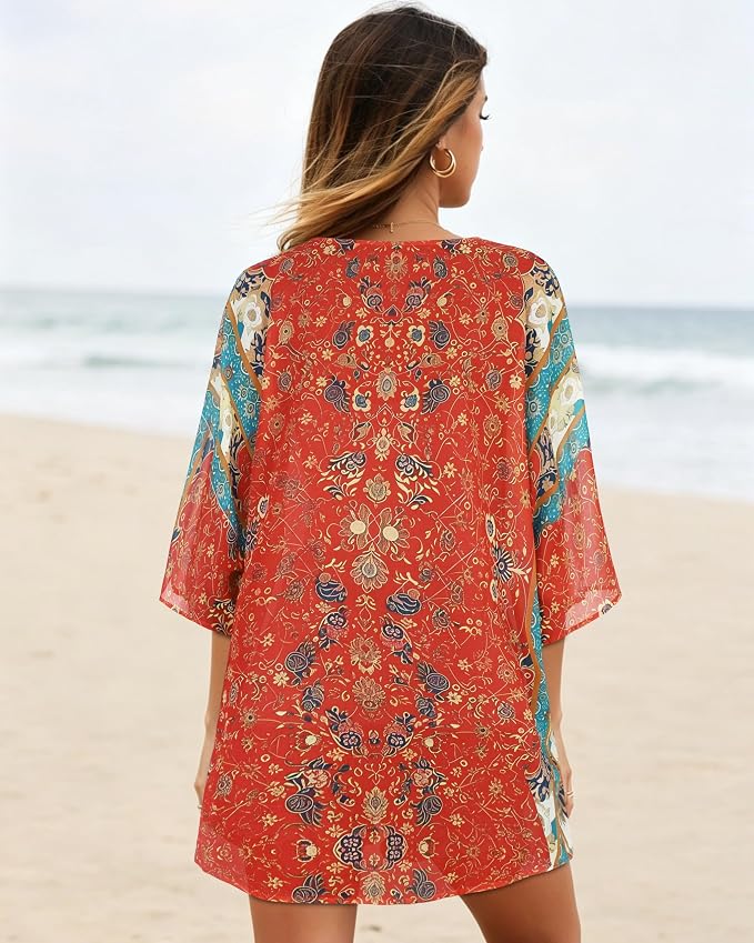 Women's Floral Print Puff Sleeve Kimono Cardigan Loose Cover Up Casual Blouse - Image 6