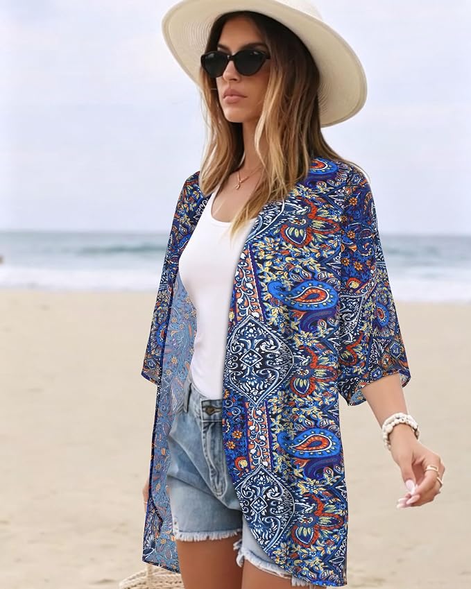 Women's Floral Print Puff Sleeve Kimono Cardigan Loose Cover Up Casual Blouse - Image 5