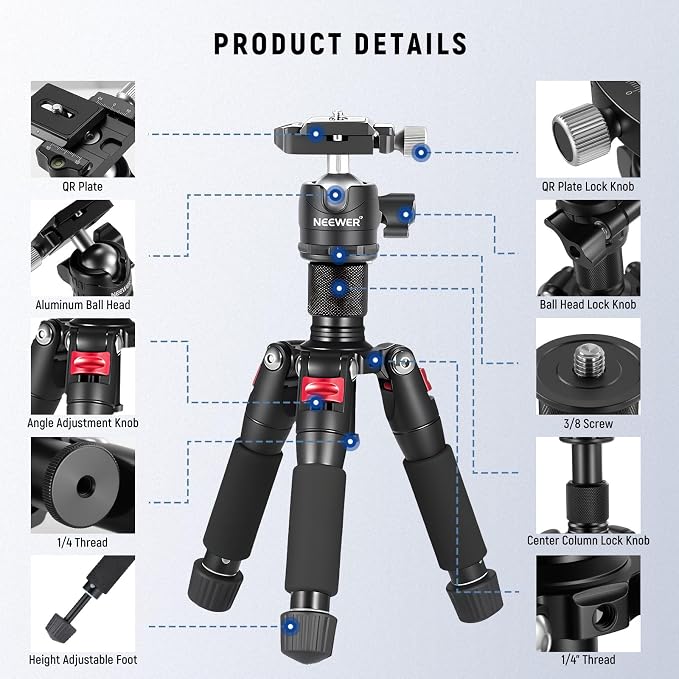 NEEWER Portable Travel Mini Tabletop Tripod, Aluminum Alloy 20''/ 50cm Desktop - Image 7