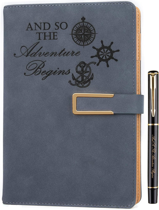 Fanery Sue Refillable Adventure Travel Journal For Women & Men Faux Leather Hardcover A5 Travel Notebook College Ruled 200 Lined Pages Lay-Flat Diary With Pen & Magnetic Buckle（Adventure - Blue