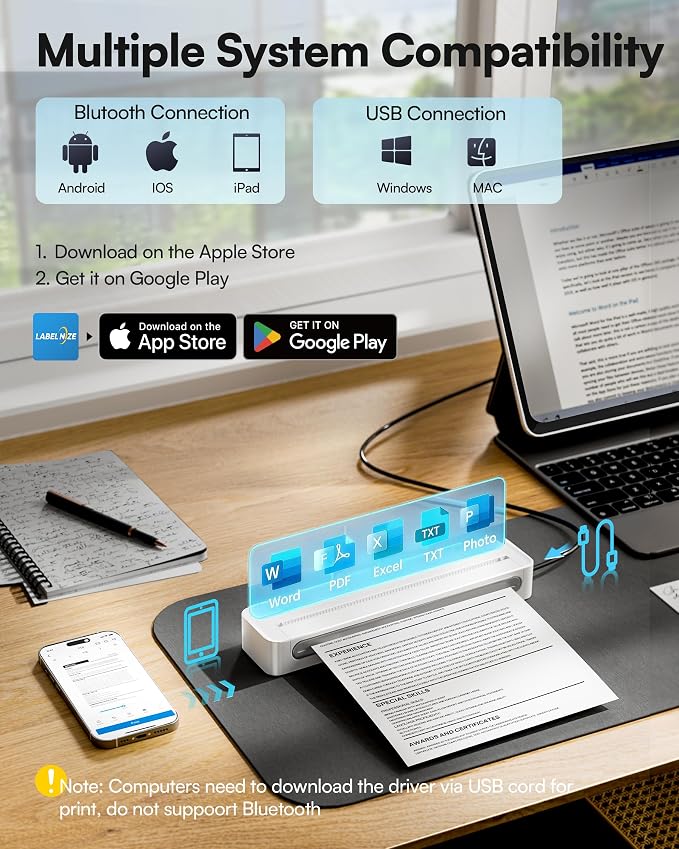 D90E Inkless Portable Printer for Travel, Supports 8.5 x 11 Inch Thermal Paper - Image 2
