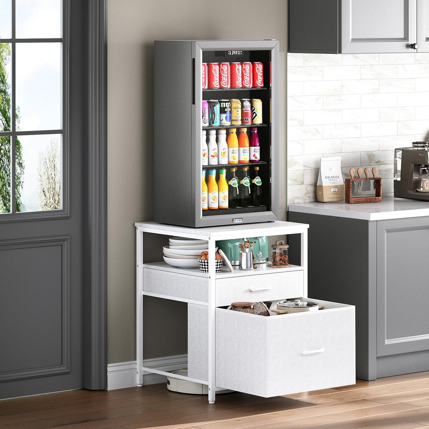 Mini Fridge Stand with 3 Storage, Mini Fridge Cabinet, Beverage Fridge Table, Heavy Duty 21.3" L* 22.7" W Tabletop, for Dorm, Apartment,Office, Bedroom White HB01BXW