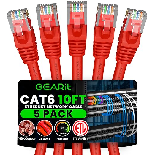 GEARit Cat 6 Ethernet Patch Cable 10 ft Red Cat6 Patch Cables 10ft Red/Ethernet by GEARit