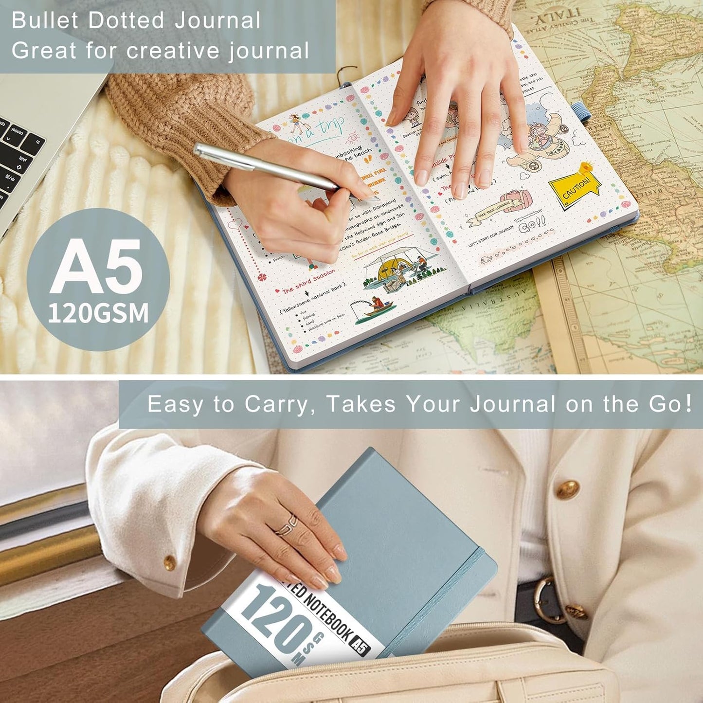 AHGXG Bullet Dotted Journal - Dot Grid Notebook Journal, 120 GSM Thick Acid-Free Paper, A5 Dotted Notebook 160 Pages, Leather Hardcover, Inner Pocket, Journal Stencil, 5.7'' × 8.3'' - Gray Blue
