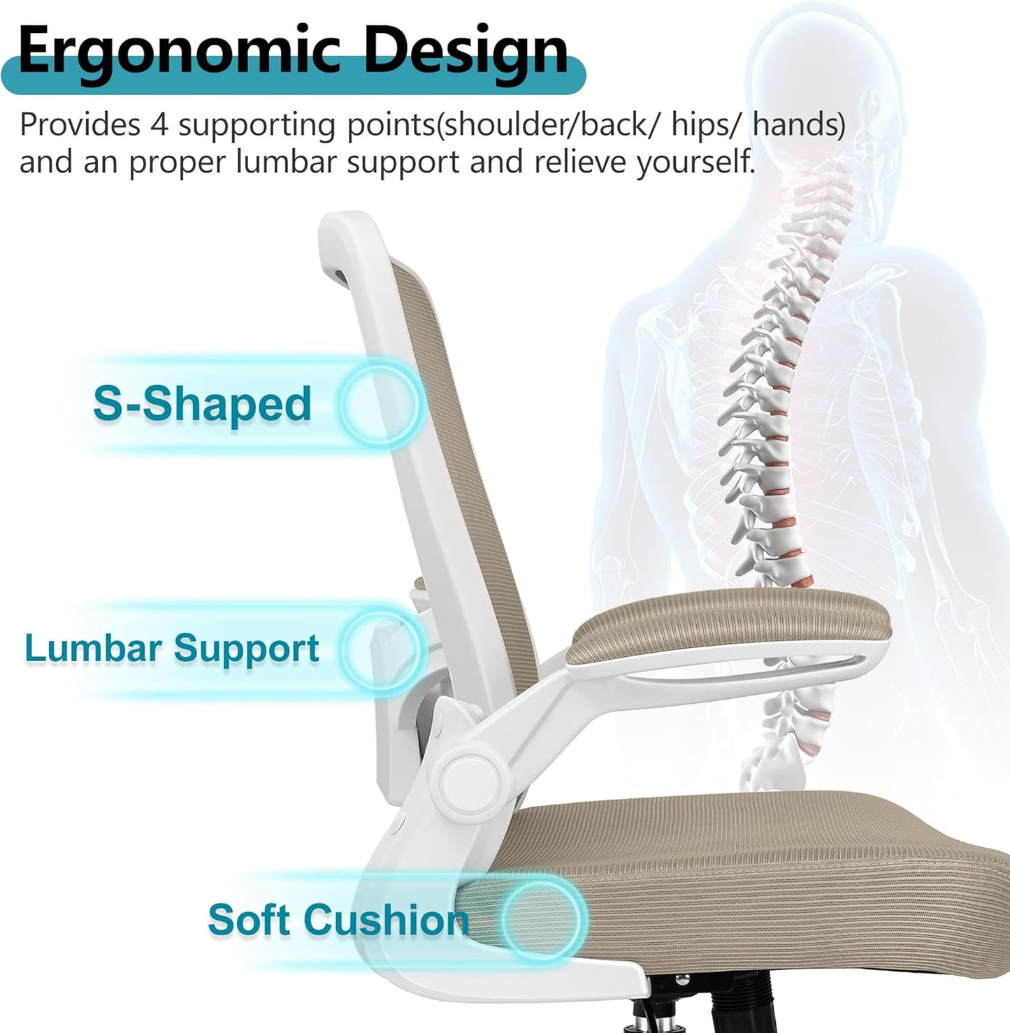 FelixKing Office Chair, Ergonomic Desk Chair Breathable Mesh Chairs with Adjustable High Back Lumbar Support Flip-up Armrests, Executive Swivel Comfy Task Computer Chairs for Home Office Khaki