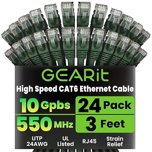 GEARit Cat 6 Ethernet Patch Cables 3 ft Green, CAT6 High Speed 24AWG 10Gbps by GEARit