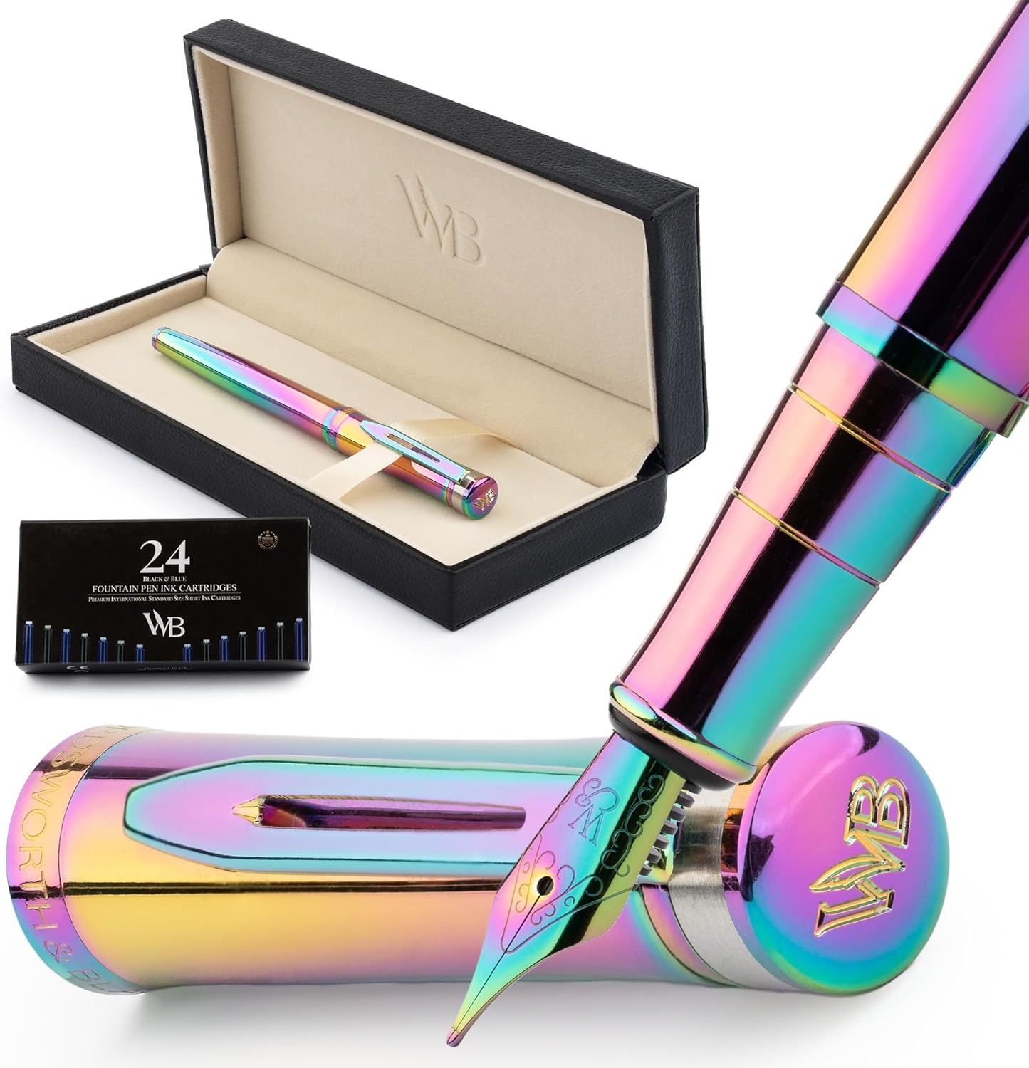 Wordsworth & Black Fountain Pen Set, 18K Gilded Medium Nib, Includes 24 Pack Ink Cartridges, Ink Refill Converter & Gift Box, Gold Finish, Calligraphy, [Rainbow], Perfect for Men & Women