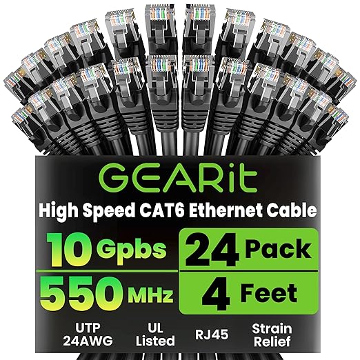 GEARit Cat 6 Ethernet Patch Cables 4 ft Black, CAT6 High Speed 24AWG 10Gbps by GEARit