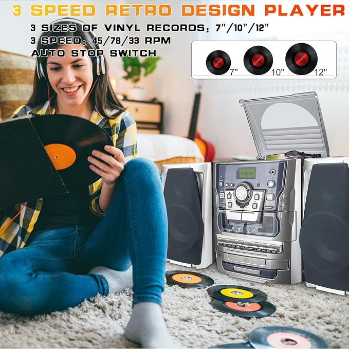 Bluetooth Vinyl Stereo Record Player, 3-Speed Stereo Turntable CD Player Music - Image 2