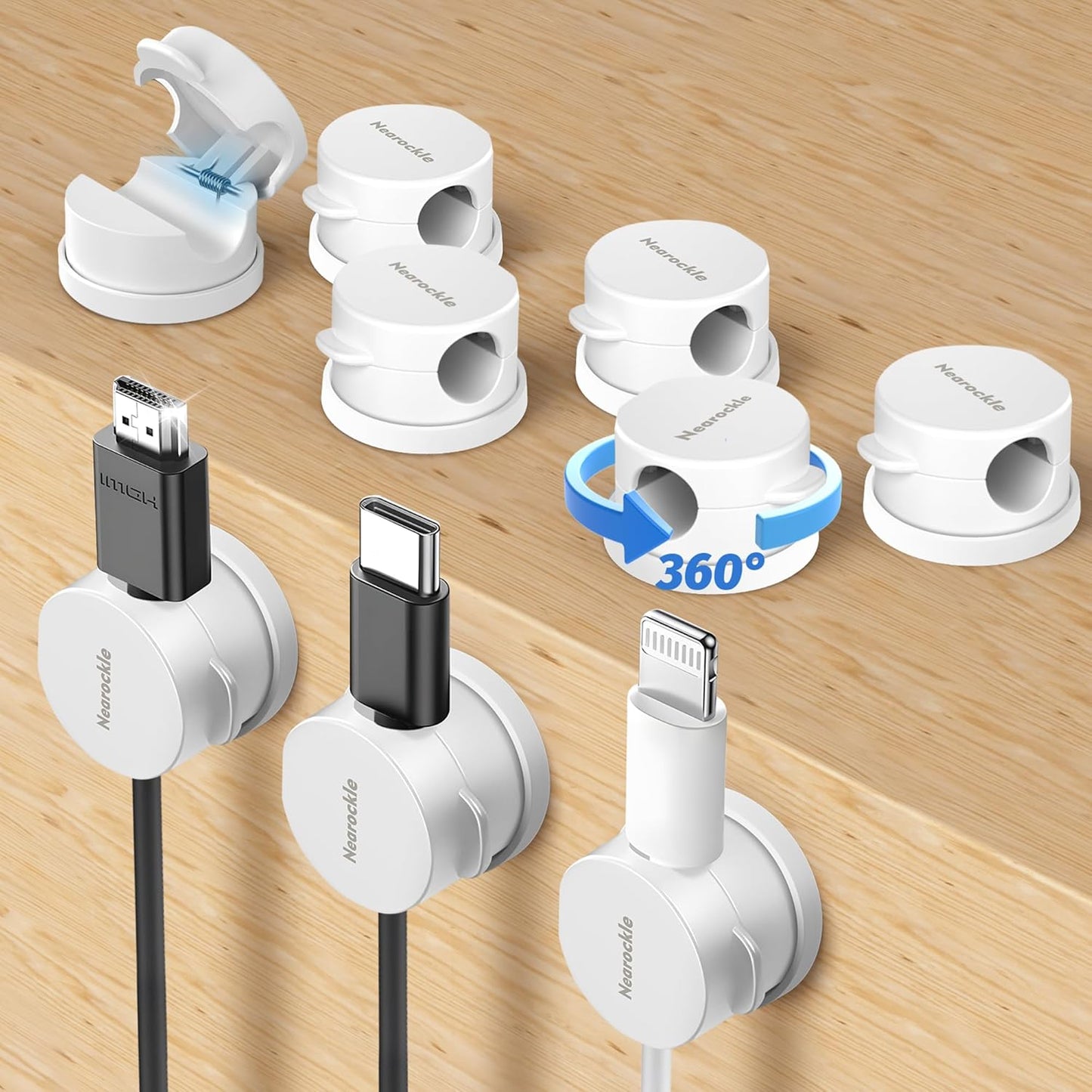 9 Pack Spring Cord Organizer Cable Clips [Locking Cable Rotatable], 2025 Latest Nearockle Phone Charging Cord Holder Cable Management for Car, Nightstand, Office Desk Accessories (White)