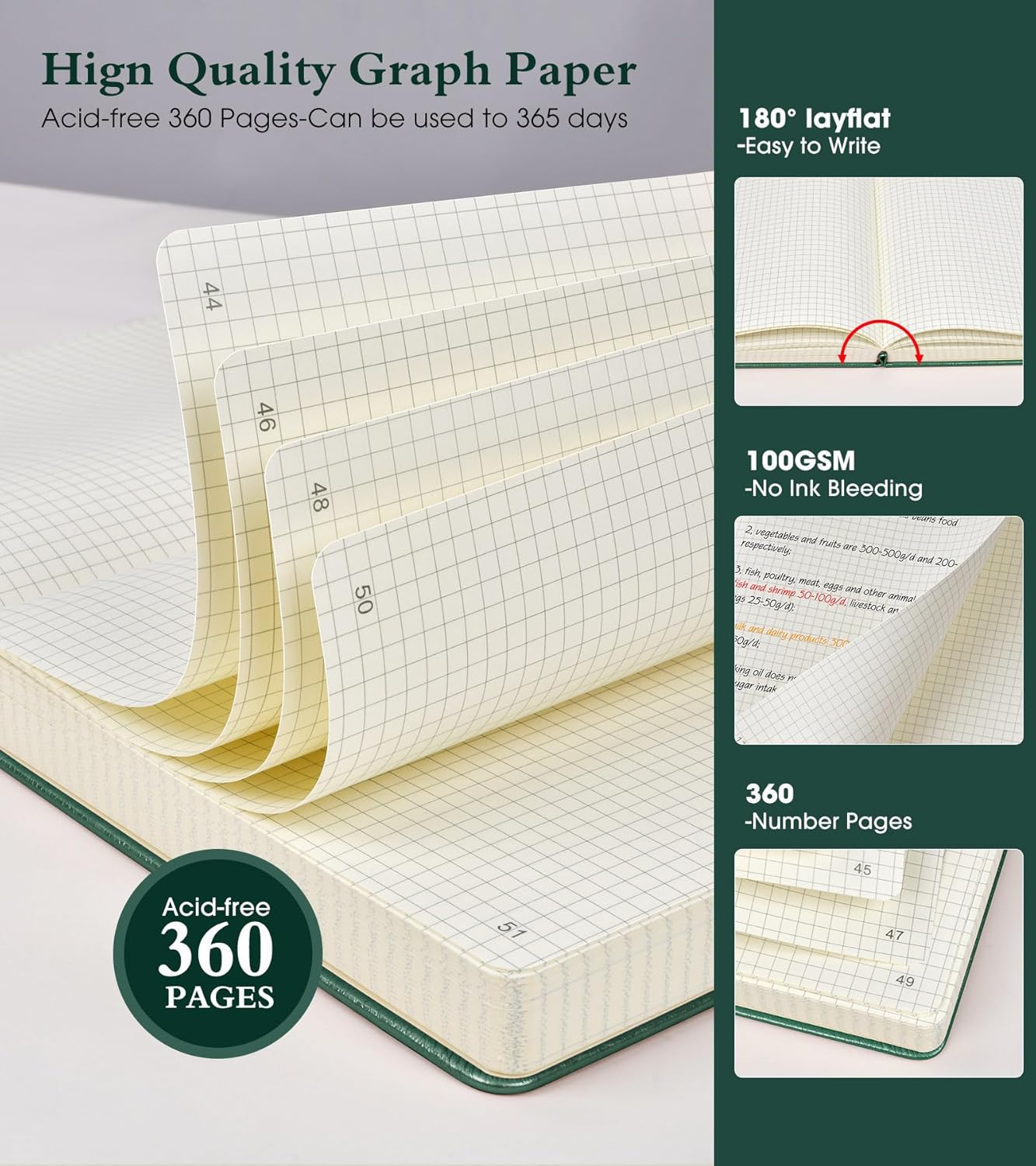 Graph Paper Notebook Journal, 360 Numbered Pages Grid Notebooks, Thick 100gsm Graphing Paper Journals for Writing Women Men, A5 Large Hardcover Leather Graph Notebook 5.75'' × 8.38'' Green