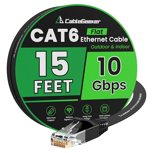Cat 6 Ethernet Cable 15 ft, Indoor&Outdoor, High Speed 10Gbps Flat Internet by CableGeeker