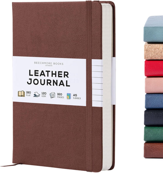 BEECHMORE BOOKS Lined Journal Notebook, 5.8 x 8.3 inch, A5 160 Lined Pages, Hardcover Leather Journals for Women, Men, Writing and Notebooks for Work - 120 GSM Thick Paper, Gifts Box Included (Chestnut Brown)